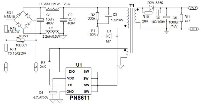 12V1A適配器方案典型應(yīng)用圖