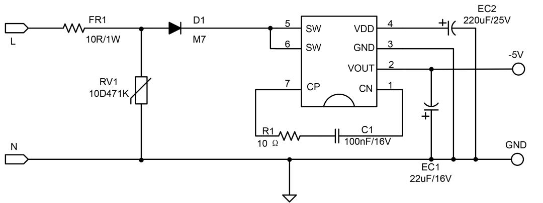 PN8000的AC-DC非隔離-5V20mA方案應(yīng)用圖