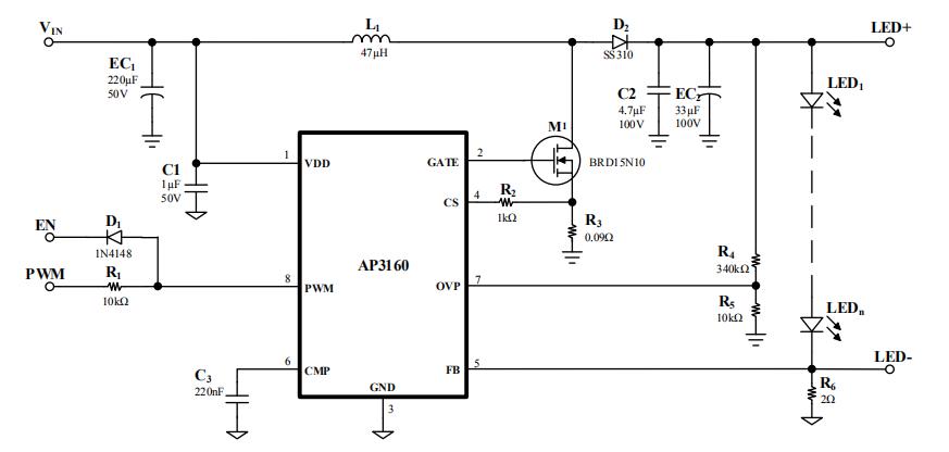 AP3160升壓型led背光驅(qū)動(dòng)芯片典型應(yīng)用電路圖
