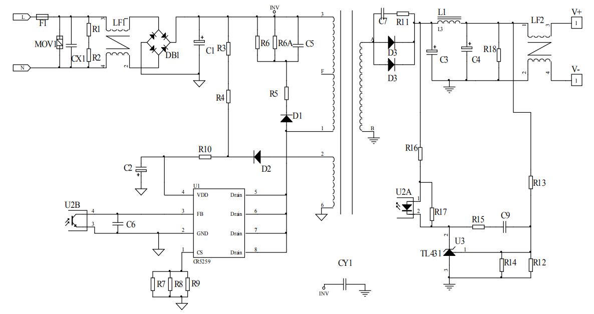CR5259_12V2A適配器電源芯片方案典型電路圖